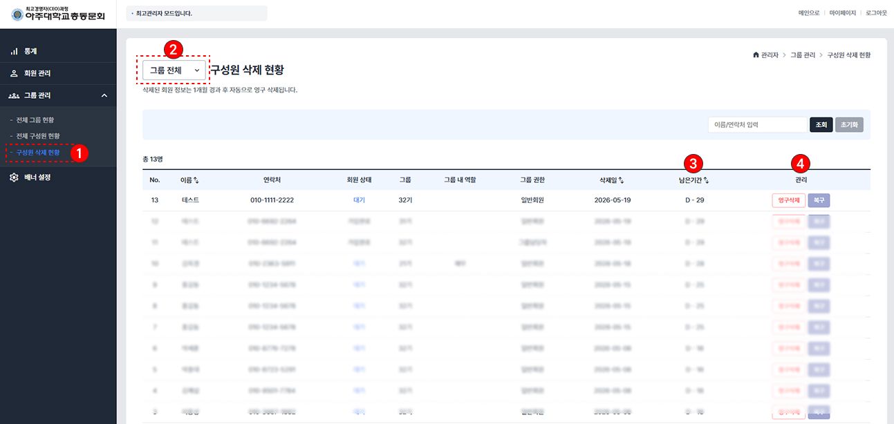 그룹 구성원 삭제 현황 확인